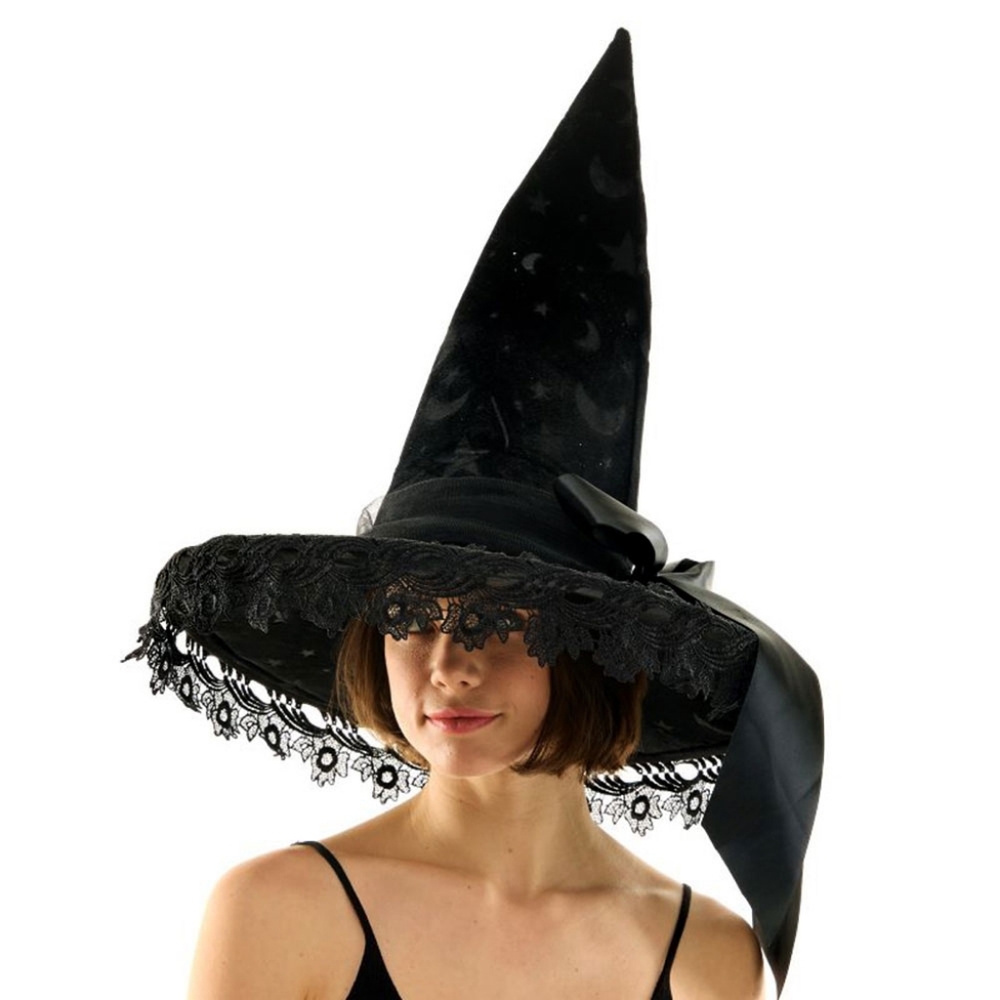 Black Lace Pointed Witch Hat Halloween Costume Party Accessory Bow Flower